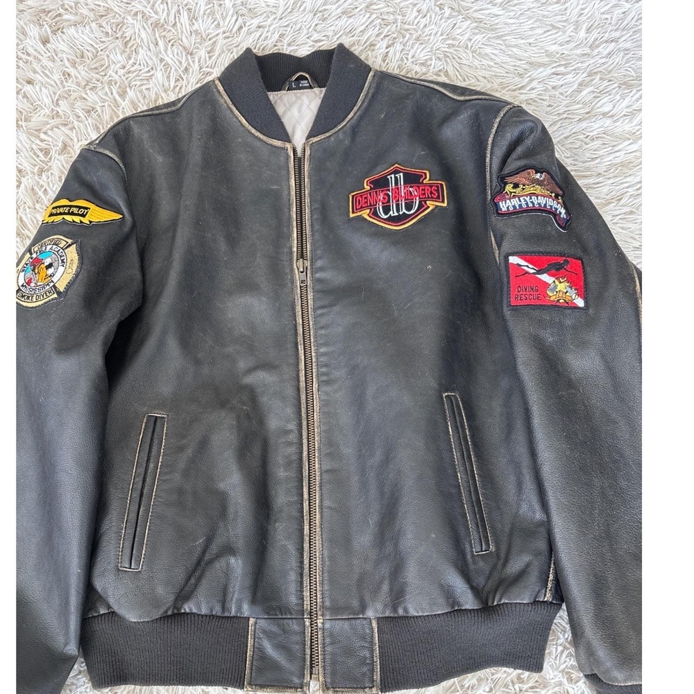 Vintage Men's Leather Bomber Jacket Patches Harley Davidson Firefighter Pilot